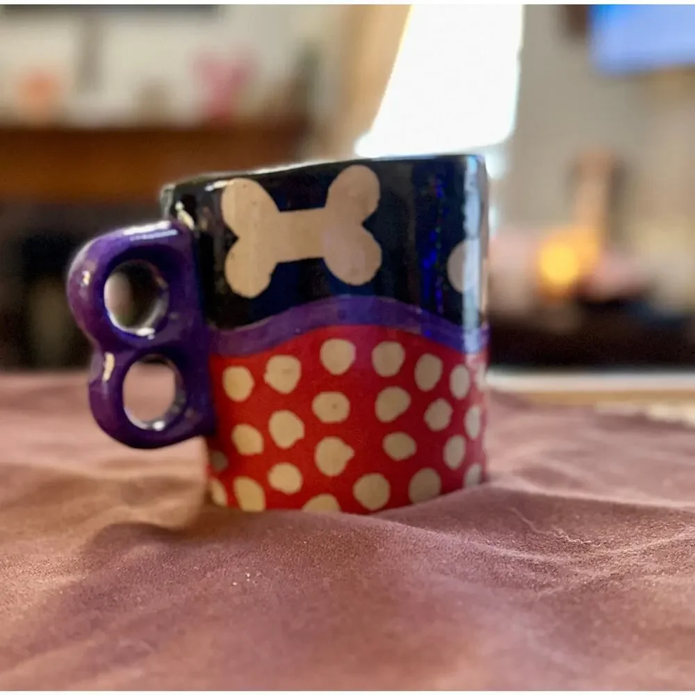 Hand Painted Pottery Stoneware Mug Cup Dog Bone & Polka Dot Signed MMB By Artist